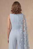 Sky Blue Round Neck Sleeveless Mother of the Bride Jumpsuit