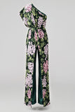 Floral Dark Green One Shoulder Wedding Guest Jumpsuit
