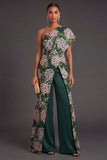 Floral Dark Green One Shoulder Wedding Guest Jumpsuit