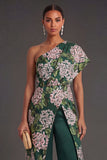 Floral Dark Green One Shoulder Wedding Guest Jumpsuit