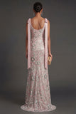 Bateau Neck Pink Sparkly Mermaid Long Formal Dress