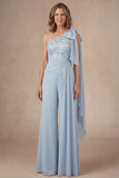 Sky Blue Floral One Shoulder Mother of the Bride Jumpsuit