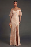 Peach Mermaid Off the Shoulder Appliqued Long Formal Dress