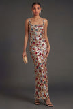 Sparkly Beaded Red Sheath Floral Long Formal Dress