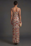 Sparkly Beaded Red Sheath Floral Long Formal Dress