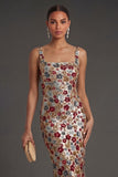 Sparkly Beaded Red Sheath Floral Long Formal Dress