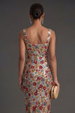 Sparkly Beaded Red Sheath Floral Long Formal Dress