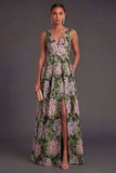 A Line Dark Green Floral Long Wedding Guest Dress with Slit