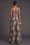 A Line Dark Green Floral Long Wedding Guest Dress with Slit
