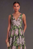 A Line Dark Green Floral Long Wedding Guest Dress with Slit