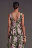 A Line Dark Green Floral Long Wedding Guest Dress with Slit