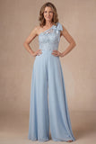 Appliqued Sky Blue Floral One Shoulder Mother of the Bride Jumpsuit