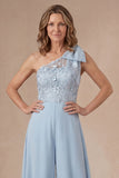 Appliqued Sky Blue Floral One Shoulder Mother of the Bride Jumpsuit