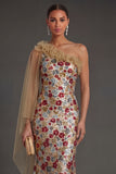 Red Floral Mermaid One Shoulder Long Formal Dress with 3D Flower