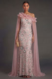 Pink Mermaid One Shoulder Long Formal Dress with Cape