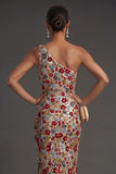 Sheath Red Sparkly One Shoulder Long Prom Dress