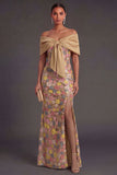 Yellow Mermaid Off the Shoulder Long Wedding Guest Dress with Slit