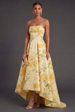 Yellow Floral A Line Spaghetti Straps High Low Wedding Guest Dress