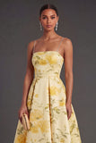 Yellow Floral A Line Spaghetti Straps High Low Wedding Guest Dress