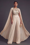 Appliqued Champagne Corset Long Formal Jumpsuits
