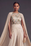 Appliqued Champagne Corset Long Formal Jumpsuits