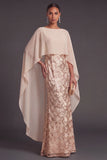 Champagne Mermaid Appliqued Long Wedding Guest Dress with Cape
