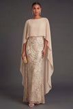 Champagne Mermaid Appliqued Long Wedding Guest Dress with Cape