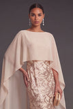 Champagne Mermaid Appliqued Long Wedding Guest Dress with Cape