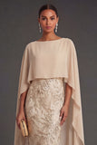 Champagne Mermaid Appliqued Long Wedding Guest Dress with Cape