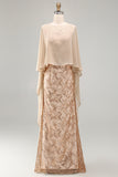 Champagne Mermaid Appliqued Long Wedding Guest Dress with Cape
