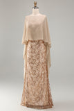 Champagne Mermaid Appliqued Long Wedding Guest Dress with Cape