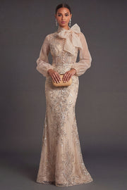 Mermaid Champagne Floral Appliqued Long Formal Dress