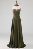 A Line Olive Appliqued Floral Long Wedding Guest Dress