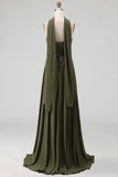A Line Olive Appliqued Floral Long Wedding Guest Dress