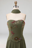 A Line Olive Appliqued Floral Long Wedding Guest Dress