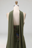 A Line Olive Appliqued Floral Long Wedding Guest Dress