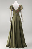 Ruffled Olive Floral Long Formal Jumpsuit with Belt