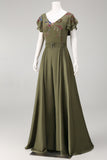 Ruffled Olive Floral Long Formal Jumpsuit with Belt