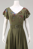 Ruffled Olive Floral Long Formal Jumpsuit with Belt