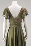 Ruffled Olive Floral Long Formal Jumpsuit with Belt
