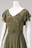 Ruffled Olive Floral Long Formal Jumpsuit with Belt