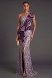 Appliqued Mermaid Purple Long Formal Dress with Slit