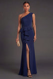 Sparkly Navy Mermaid One Shoulder Long Formal Dress with Slit