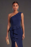 Sparkly Navy Mermaid One Shoulder Long Formal Dress with Slit