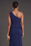 Sparkly Navy Mermaid One Shoulder Long Formal Dress with Slit