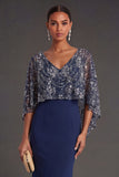 Navy Mermaid V Neck Sleeveless Long Formal Dress with Cape