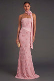 Pink Floral Mermaid Appliqued Strapless Long Formal Dress