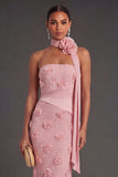 Pink Floral Mermaid Appliqued Strapless Long Formal Dress