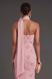 Pink Floral Mermaid Appliqued Strapless Long Formal Dress