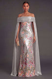 Silver Floral Mermaid Sparkly Long Formal Dress with Cape